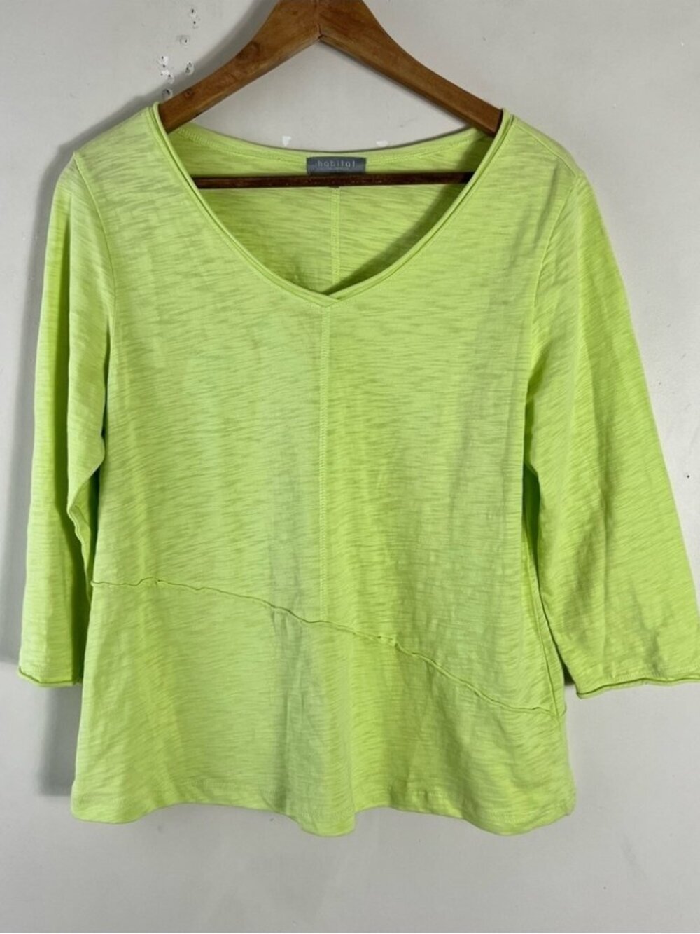 Habitat Green/Yellow Boxy V-Neck 3/4 Sleeve Top Size Small Lagenlook Art To wear